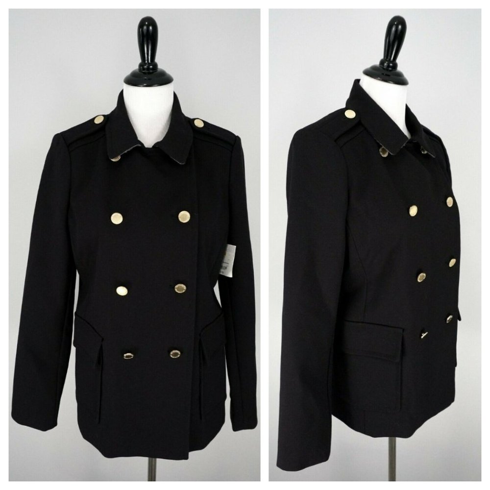 New LIZ CLAIBORNE Black Gold Button Double Breasted Coat Jacket Size Medium Nwt